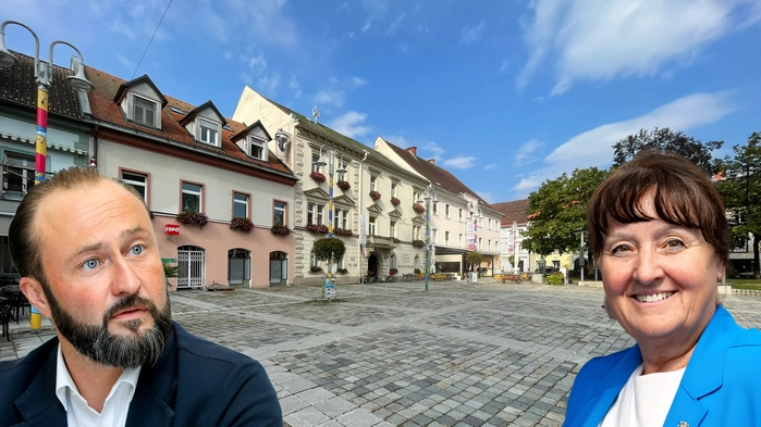 Manuela Khom (ÖVP) und Max Lercher (SPÖ) vor dem Judenburger Hauptplatz