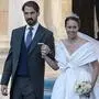 Philippos, son of former King of Greece Constantine II, and his wife Nina Flohn leave Athens' Orthodox Cathedral following their wedding ceremony in Athens, Greece, Sunday, Oct. 23, 2021. (AP Photo/Yorgos Karahalis)
