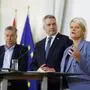Vizekanzler Werner Kogler (Grüne), Bundeskanzler Karl Nehammer (ÖVP) und Verteidigungsministerin Klaudia Tanner (ÖVP) nach dem Ministerrat