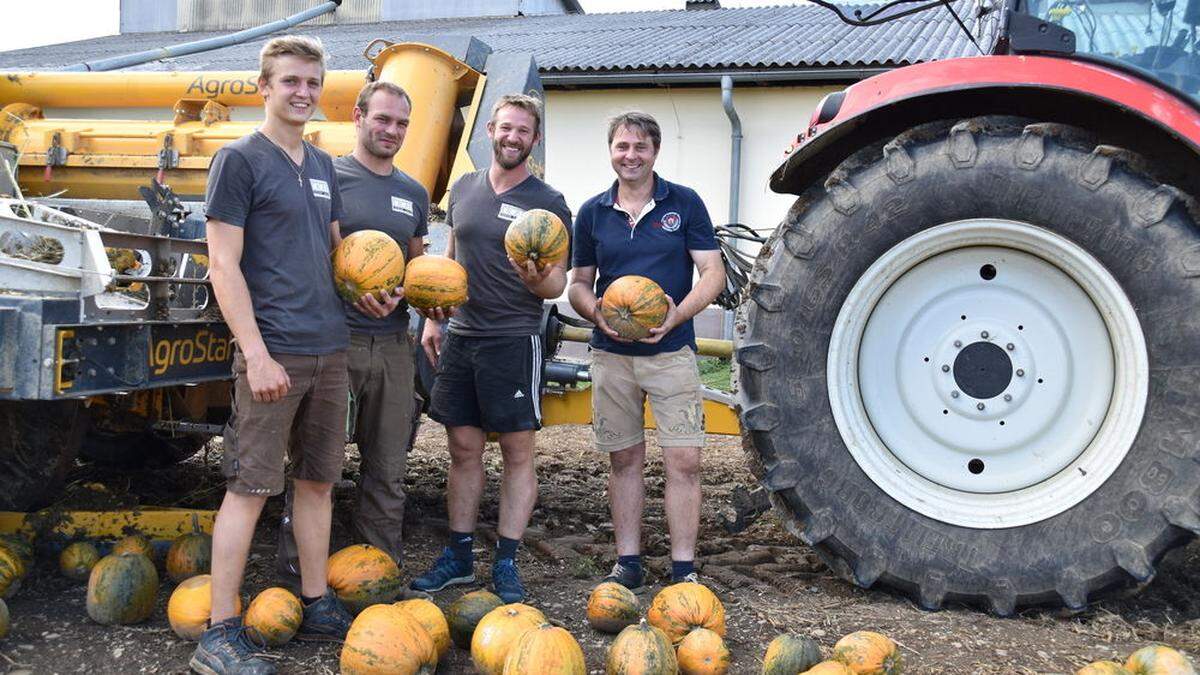 Die Kürbisernte ist voll angelaufen. Gregor Gründl, Martin Pechtigam, David Kern und Gerald Holler ziehen eine erste Zwischenbilanz 