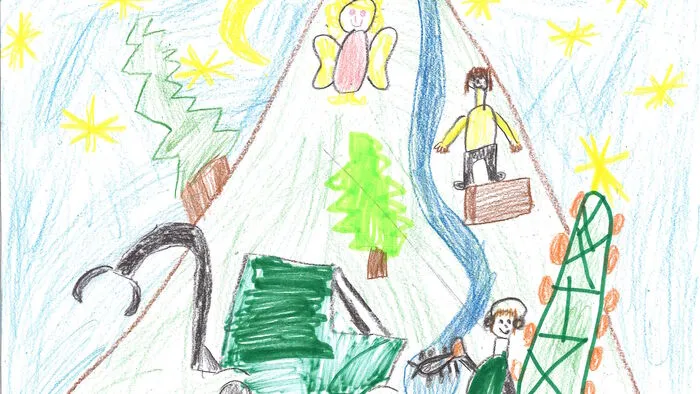 Jonathan Klatzer, sieben Jahre aus Moosburg. Papa ist mit dem Traktor im Wald und holt einen Christbaum. Jonathan und das Christkind schauen ihm dabei zu.