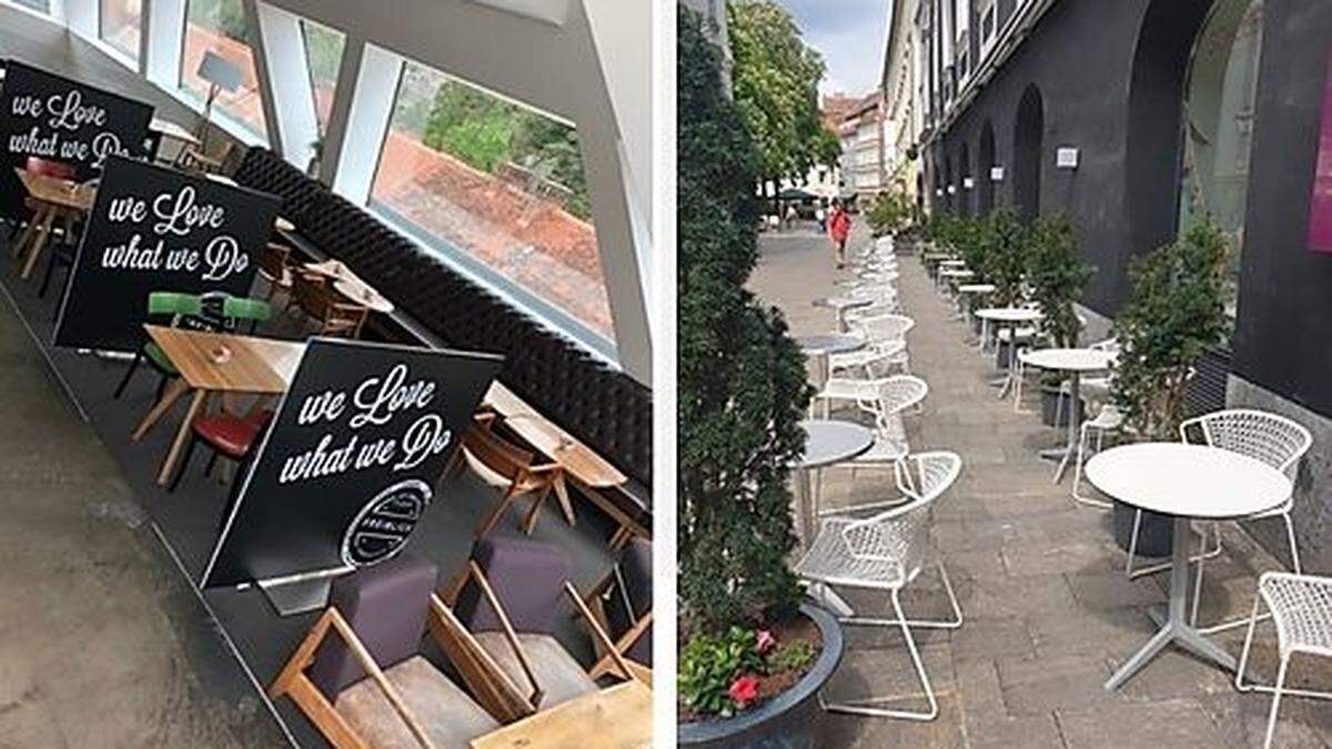 Neuer Innenbereich beim Freiblick (links), neuer Gastgarten beim Schubertcafé