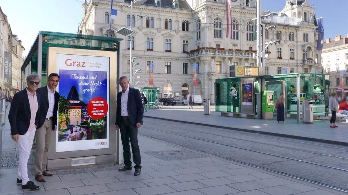 Dieter Weber von der Firma Ankünder, Bürgermeister Siegfried Nagl und Graz-Tourismuschef Dieter Hardt-Stremayr präsentieren die Kampagne