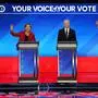 MANCHESTER, NEW HAMPSHIRE - FEBRUARY 07: (L-R) Democratic presidential candidates former South Bend, Indiana Mayor Pete Buttigieg, Sen. Elizabeth Warren (D-MA), former Vice President Joe Biden and Sen. Bernie Sanders (I-VT) participate in the Democratic presidential primary debate in the Sullivan Arena at St. Anselm College on February 07, 2020 in Manchester, New Hampshire. Seven candidates qualified for the second Democratic presidential primary debate of 2020 which comes just days before the New Hampshire primary on February 11. Joe Raedle/Getty Images/AFP