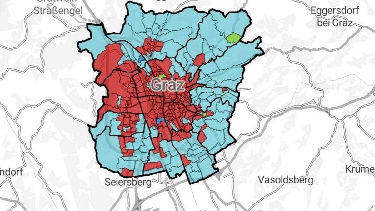 Die Stadtkarte war vor Kurzem noch schwarz, mit einem einzigen dunkelroten Tupfer in Gries - damit ist seit Sonntag Schluss