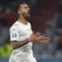 Italy's Leonardo Spinazzola reacts after missing an opportunity to score during a Euro 2020 soccer championship quarterfinal match between Belgium and Italy at the Allianz Arena in Munich, Germany, Friday, July 2, 2021. (Andreas Gebert/Pool Photo via AP)