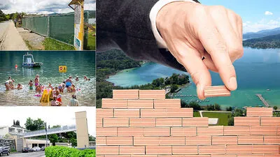 Verbaute Seezugänge und versperrte Aussichten trüben die Ferienidylle am Wörthersee: Mauer beim Badehaus der Familie Flick muss weg (links oben); Strandbad Rauschelesee: länger geöffnet (links Mitte); Fußgängerbrücken am Wörthersee: ein Problem (links unten)