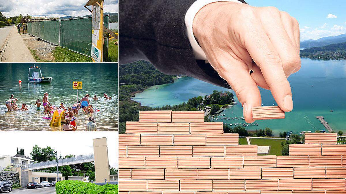 Verbaute Seezugänge und versperrte Aussichten trüben die Ferienidylle am Wörthersee: Mauer beim Badehaus der Familie Flick muss weg (links oben); Strandbad Rauschelesee: länger geöffnet (links Mitte); Fußgängerbrücken am Wörthersee: ein Problem (links unten)