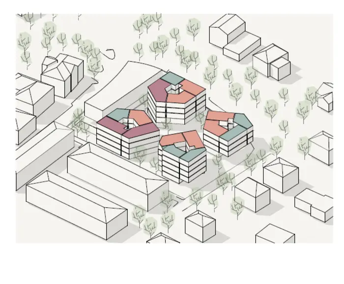Eine Visualisierung des Vorhabens mit vier mehrgeschossigen Gebäuden
