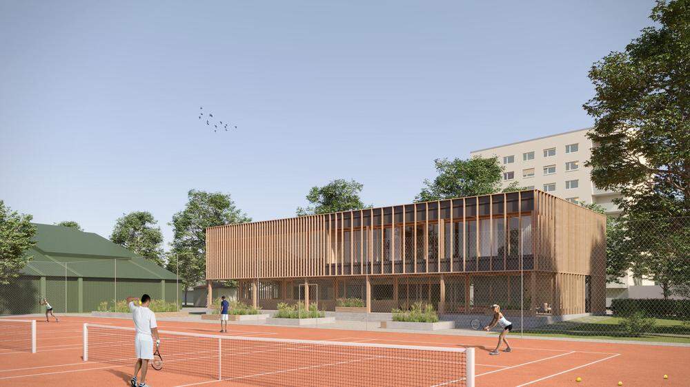 So soll es ausschauen, wenn es im Hebrst 2023 fertig ist: das neue GAK-Klubhaus in der Körösistraße nach den Plänen von Strobl Architektur