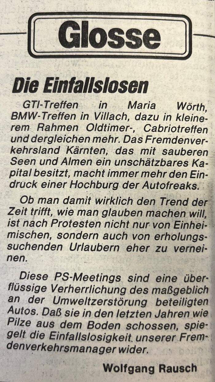 Kleine-Zeitung-Redakteur Wolfgang Rausch übt 1987 Kritik am GTI-Treffen