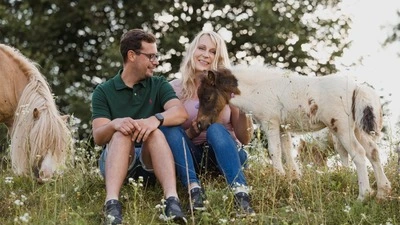 Ein Pärchen sitzt auf einer Wiese. Sie hat lange blonde Haare und er hat eine Brille. Daneben grasen Minishetlandponys