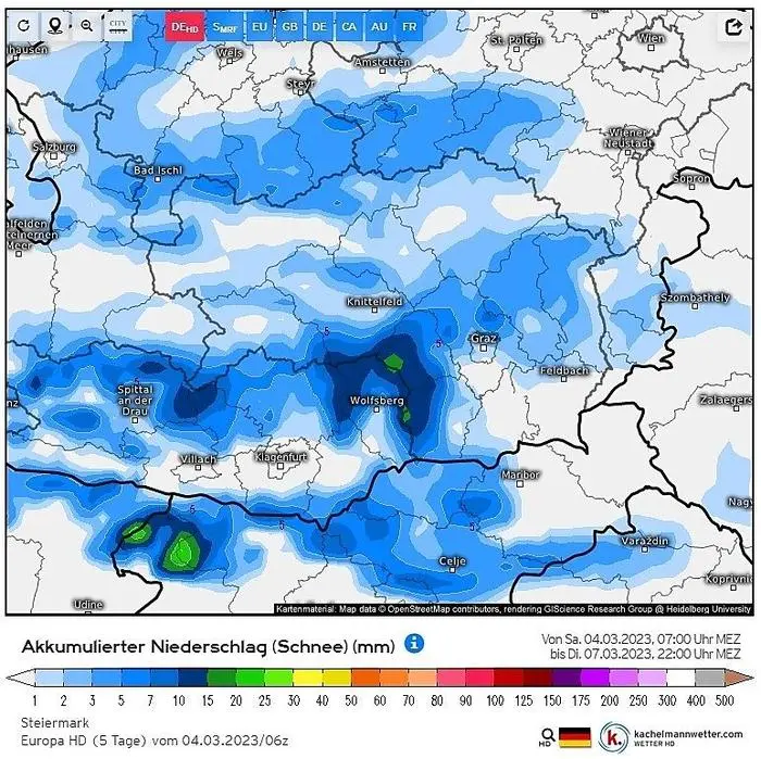 Die vorausgesagten Schneemengen bis Dienstag