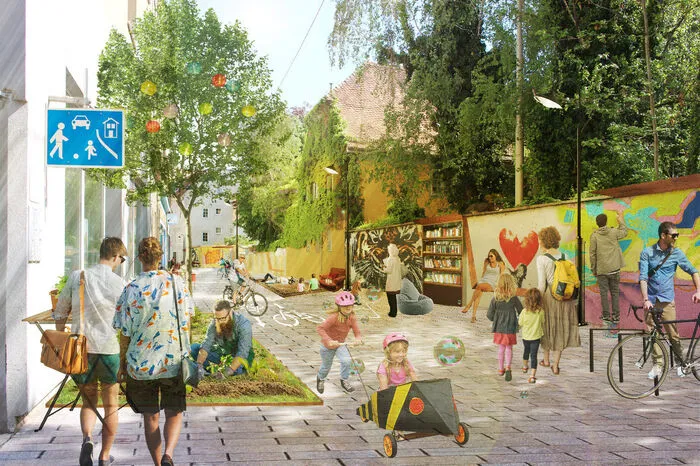 ... um „ein offenes Wohnzimmer“ zu schaffen. Eine neue Pflasterung würde Radfahrer bremsen, Platz für Urban Gardening könnte entstehen. Die graue Betonwand in der Gasse ließe sich bunt gestaltet und mit Sitzgelegenheiten aufmotzen.