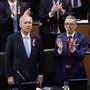 The Chairman of Austria's Freedom Party (FPOe) Herbert Kickl (R) and other MPs applaud after the election of Walter Rosenkranz (L), MP of Austria's Freedom Party (FPOe), as new parliament president in the plenary of the Austrian Parliament in Vienna on October 24, 2024, as the parliament meets for the first time after the National Council elections. Austrian lawmakers on October 24 elected for the first time a far-right politician as parliament president despite the Jewish community criticising the nominee for having paid "hommage to Nazi criminals". Lawmaker Walter Rosenkranz was elected with 100 out of 162 valid votes that were cast in parliament's first session following last month's national elections, current parliament president Wolfgang Sobotka said. (Photo by Alex HALADA / AFP)