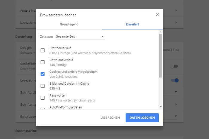 Wer die Browser-History und gespeicherte Passwörter behalten will, sollte bei Chrome nur die Cookies auswählen.