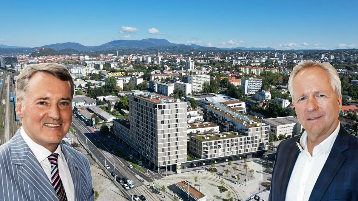 Alexander Pongratz, einer der großen Grazer Bauunternehmer, und Dieter Johs, Bauunternehmer und Kenner der Branche. Im Hintergrund: Projekt Ost