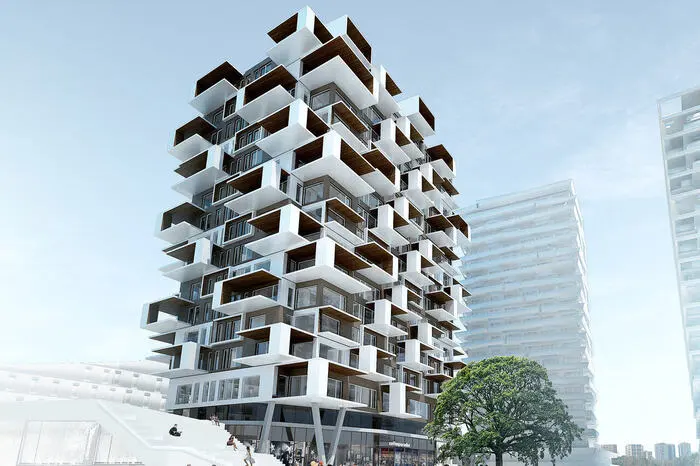 Ein bisschern kleiner wird der Bruder des Green Tower, durch die herausstehenden Elemente auch als "Jenga"-Turm bekannt: 17 Stockwerke werden es werden. Der offizielle Spatenstich dafür ...