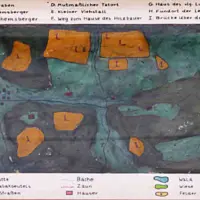 Historische, handgezeichnete Übersichtskarte aus einem Kriminalfall von 1884 in Gasen (Steiermark). Die Karte zeigt den mutmaßlichen Tatort, den Fundort der Leiche, den Fundort einer Holzbutte sowie Wege, Bäche, Häuser, Wiesen und Waldflächen. Die einzelnen Orte sind mit Buchstaben gekennzeichnet und in einer Legende erklärt.