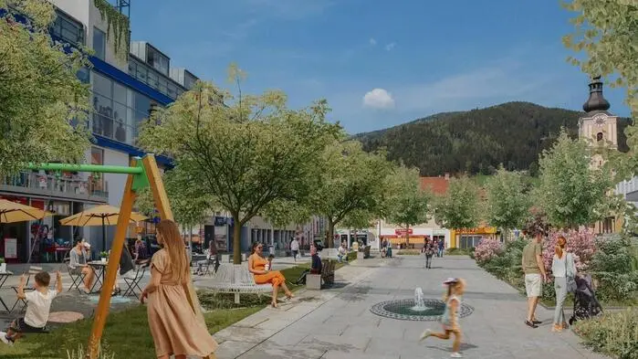 So könnte der Stadtplatz in Mürzzuschlag laut einem Vorschlag der Grünen künftig aussehen