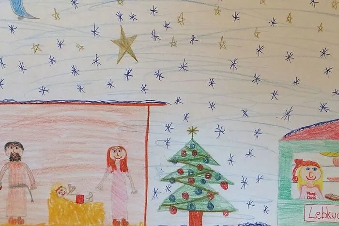 2. Dezember: Einen Adventmarkt samt Krippe, Christbaum und Lebkuchen-Stand hat Sophia Sprachmann aus Maria Rojach gezeichnet, die am 17. Dezember zehn Jahre alt wird.
