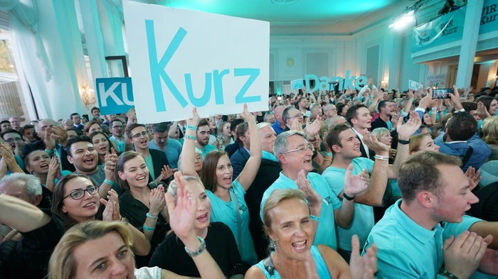 Eine Jubelwelle in Türkis: So feierte die ÖVP in der Parteizentrale.
