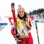 Julia Scheib  | MONT-TREMBLANT,CANADA,07.DEC.25 - ALPINE SKIING - FIS World Cup, ladies, giant slalom. Image shows the rejoicing of Julia Scheib (AUT). Keywords: trophy. Photo: GEPA pictures/ Matic Klansek