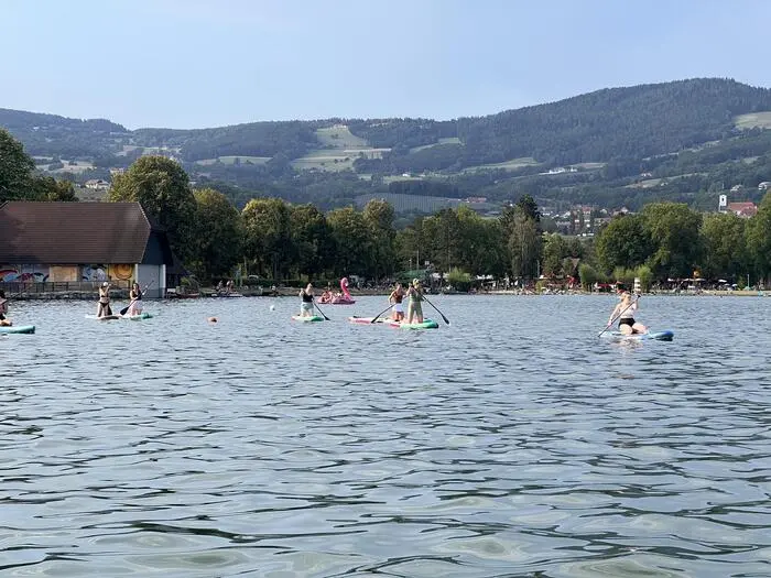 Nach einer kurzen Einführung paddelt die Gruppe an das naturnahe Südufer des Stubenbergsees