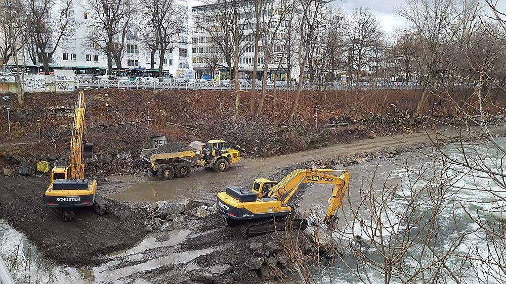 Arbeiten für den Zentralen Speicherkanal in Graz: Bäume auf Höhe Radetzkybrücke werden nach und nach gefällt