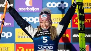 TOBLACH,ITALY,01.JAN.26 - NORDIC SKIING, CROSS COUNTRY SKIING - FIS World Cup, Tour de Ski, 20km pursuit classic, ladies. Image shows the rejoicing of Teresa Stadlober (AUT).
Photo: GEPA pictures/ Bildbyran/ Maxim Thore - ATTENTION - COPYRIGHT FOR AUSTRIAN CLIENTS ONLY