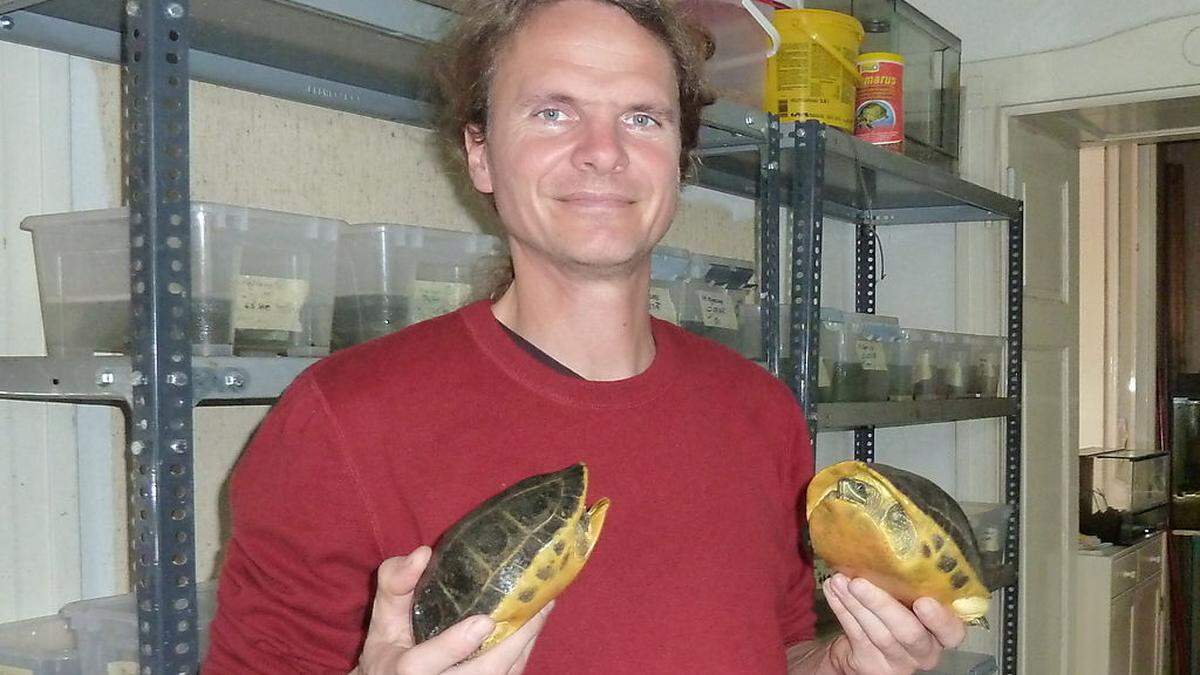 Herpetologe Peter Praschag mit erstmals nachgezüchteten Indischen Pfauenaugen-Sumpfschildkröten