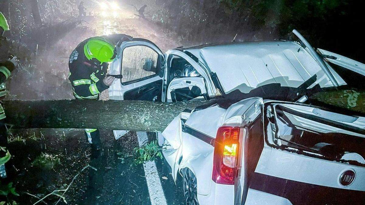 Verwüstungen in Oberösterreich. Im Bild ein Baum der in der Nacht auf Dienstag zwischen St. Florian und Hofkirchen auf einen PKW gestürzt ist