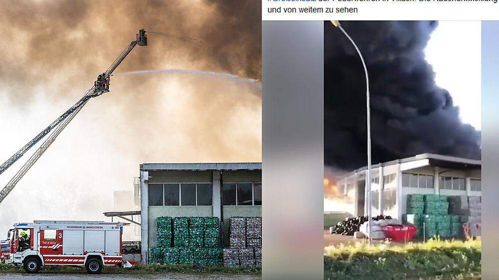 Links ein Originalbild vom Brand in Hörsching; rechts ein Screenshot aus dem Video, das das Villacher Onlinemedium zum Brand in Villach dazugepostet hat