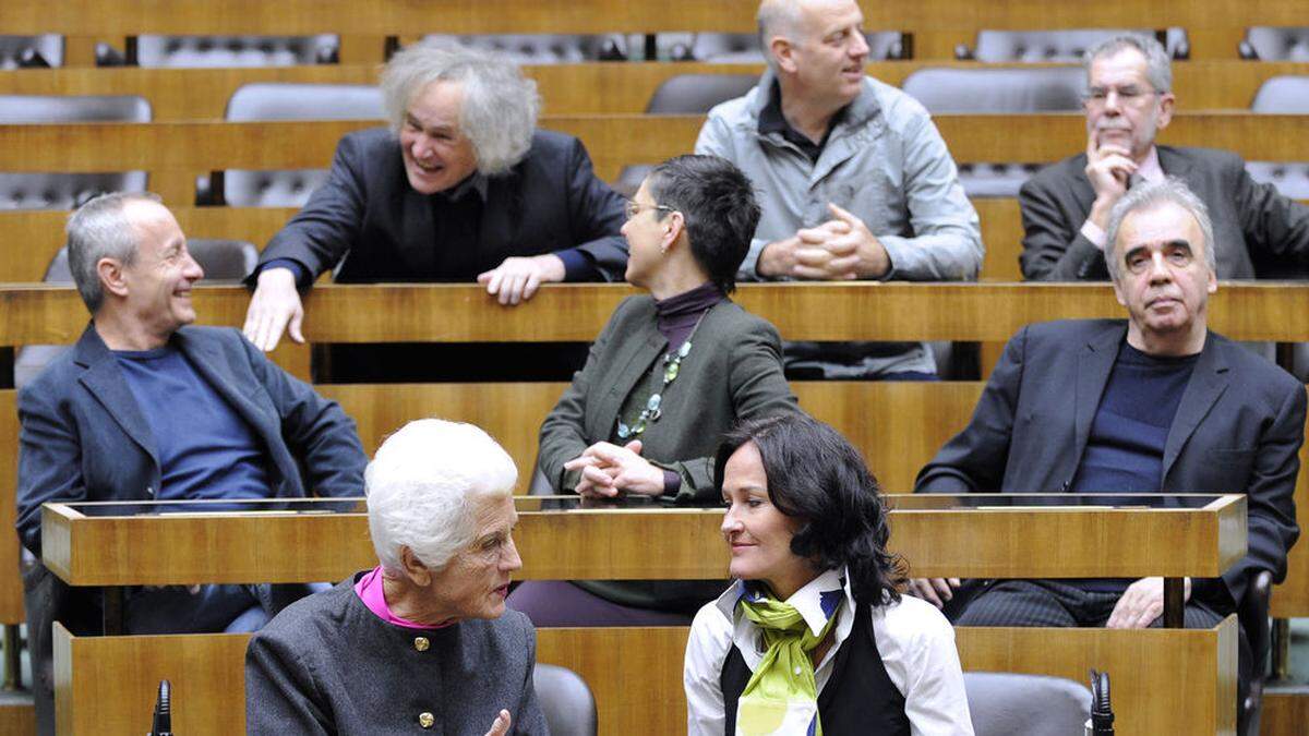 Die bisherigen Parteichefs der Grünen (v.l.) Peter Pilz, Freda Meissner-Blau, Andreas Wabl, Madeleine Petrovic, Eva Glawischnig, Thomas Chorherr, Alexander Van der Bellen und Johannes Voggenhuber 