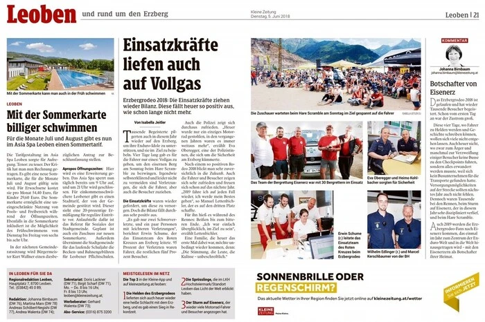 Das Erzbergrodeo hat bis jetzt 25 Mal stattgefunden und bringt der Region um den Erzberg viele Millionen Euro an Wertschöpfung. Ohne die vielen Einsatzkräfte und Helfer wäre das aber nicht möglich: https://www.kleinezeitung.at/steiermark/leoben/5440681/Erzbergrodeo_Einsatzkraefte-liefen-auch-auf-Vollgas