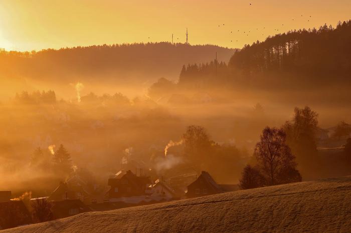 Herbstmorgen: Nach einer kalten Nacht liegt Nebel über dem Land