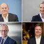 Wer gewinnt und wer kann mit wem: Olaf Scholz (SPD), Alice Weidel (AfD), Friedrich Merz (CDU/CSU) und Robert Habeck (Die Grünen) (v. l. oben)