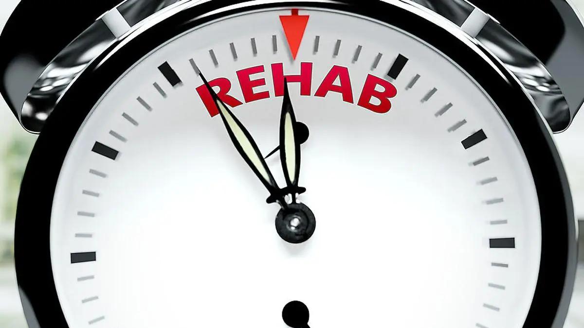Rehab soon, almost there, in short time - a clock symbolizes a reminder that Rehab is near, will happen and finish quickly in a little while, 3d illustration