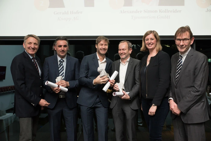 Kategorie Innovation: WK-Präsident Josef Herk, Josef Michael Kalcher (AT Mechatronics Technology), Alexander Kollreider, Knapp-CEO Gerald Hofer, Wirtschaftslandesrätin Barbara Eibinger-Miedl und Top-of-Styria-Chefredakteur Martin Novak.
