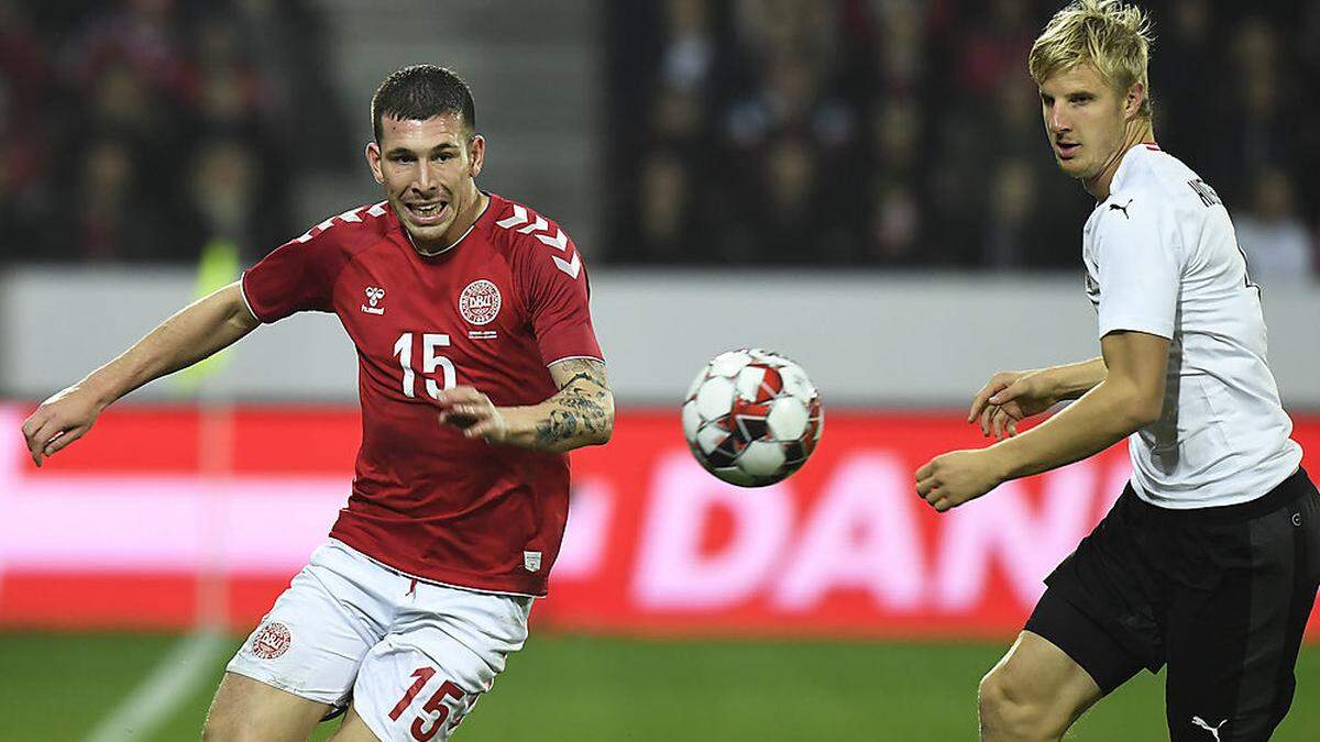 Im Oktober 2018 konnte sich Dänemark im freundschaftlichen Vergleich gegen Österreich mit 2:0 durchsetzen. Martin Hinteregger (re.) fehlt diesmal verletzungsbedingt.