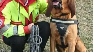 Hundeführerin Alexandra Grunow mit ihrem ganzen Stolz, Bluthund "Knödel"