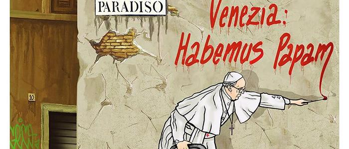 Und ein Schweizergardist steht Schmiere. Mit der Ausstellung „Habemus Papam“ begrüßen die Venezianer Papst Franziskus