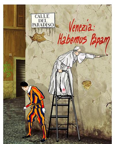 Und ein Schweizergardist steht Schmiere. Mit der Ausstellung „Habemus Papam“ begrüßen die Venezianer Papst Franziskus
