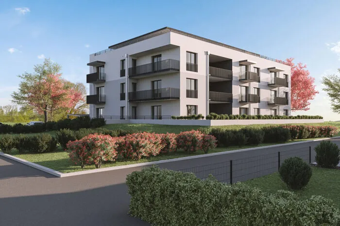 So wird das Wohnhaus nach Fertigstellung aussehen. 17 moderne Mietwohnungen und Eigentumswohnungen sowie auch Anlegerwohnungen zwischen 70m² und 97m² werden errichtet. In den drei unteren Geschoßen befinden sich je 5 Wohneinheiten - 80% sind schon verkauft.
