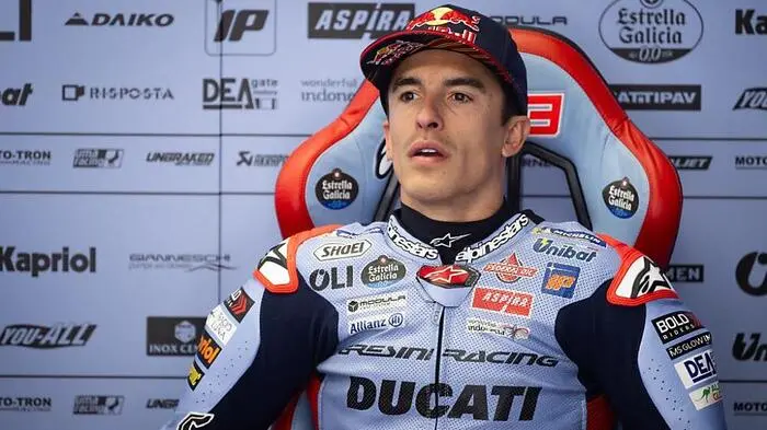 Ducati Spanish rider Marc Marquez is pictured in the box during the second MotoGP free practice session of the Moto Grand Prix of Catalonia at the Circuit de Catalunya on May 25, 2024 in