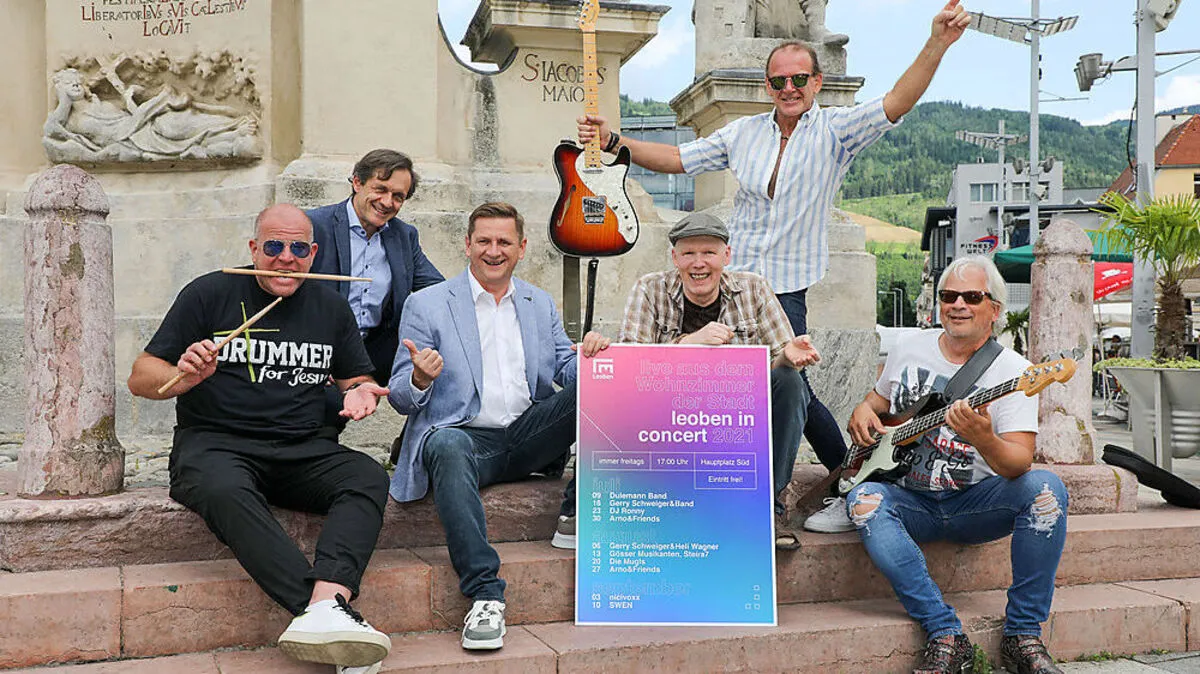 Leoben in Concert: Marco Meraner, Günter Leitner, Bgm. Kurt Wallner, Gerry Schwaiger, Werner Dulnigg und Martin Bernhard (v.l.)