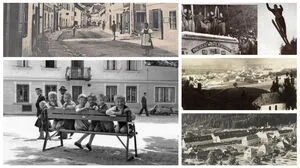 Links: Bankerl sitzen am Gasserplatz in Hermagor (1959). Daneben: Ansicht von Spittal vom Fratres aus. Blick auf Radenthein. Darüber: "Zeitsprung" beim Skispringen anno 1948 