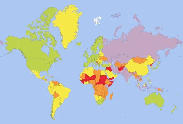 Die Karte im Überblick. grün = geringes Risiko, gelb = mittleres Risiko, lila = variables Risiko, orange = hohes Risiko, rot = sehr hohes Risiko 
