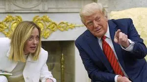 President Donald Trump meets with Italy's Prime Minister Giorgia Meloni in the Oval Office of the White House, Thursday, April 17, 2025, in Washington. (AP Photo/Alex Brandon)