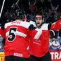 TAMPERE,FINLAND,23.MAY.22 - ICE HOCKEY - IIHF Ice Hockey World Championship 2022, group stage, Austria vs Great Britain. Image shows the rejoicing of Benjamin Nissner and Thomas Raffl (AUT).
Photo: GEPA pictures/ Daniel Goetzhaber
